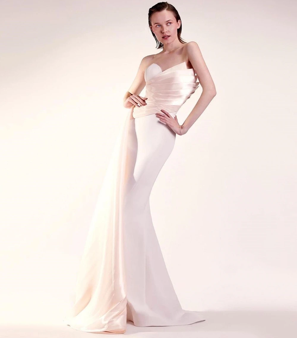 

Qcenkern Strapless Evening Satin Party Dresses Mermaid Pink Sleeveless Prom Dresses Floor Length Champagne vestidos de novia