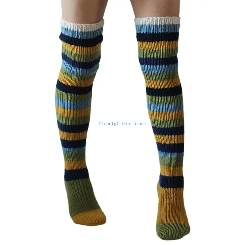 652B Herbst Slouch Häkeln Stricken Oberschenkel Hohe Socken für Frauen Bunte Gestreifte Über Knie Strumpf – Detail 10