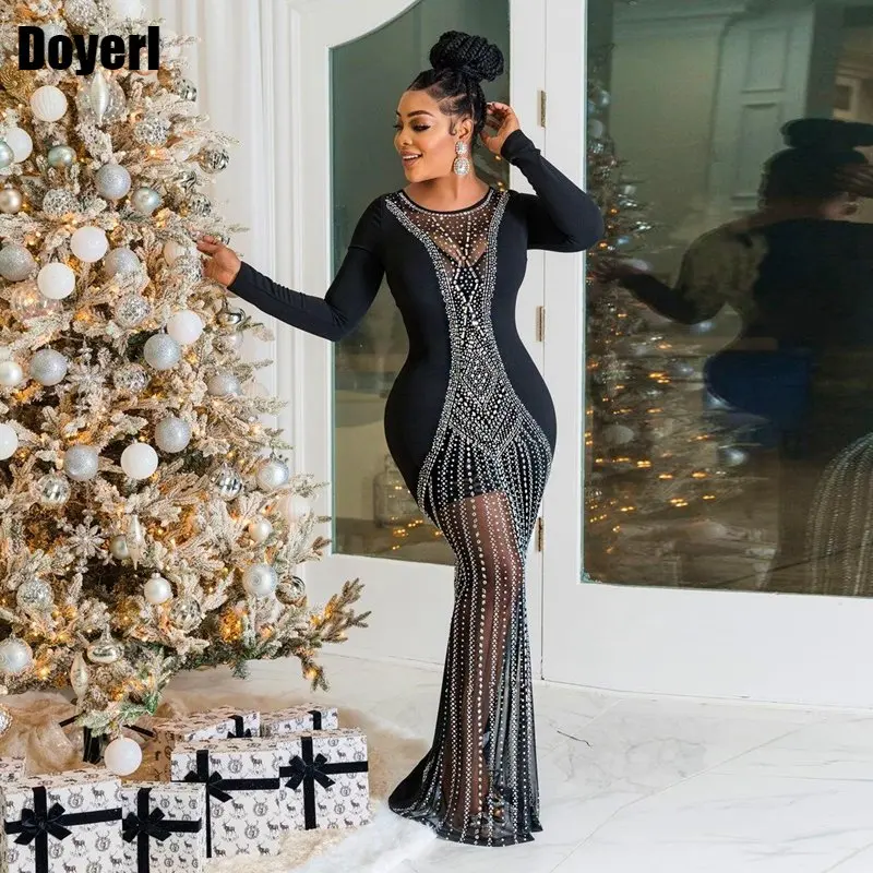 Sexy Rhinestone Birthday Dresses for Women 2023 Long Sleeve Black Mesh Patchwork Party Evening