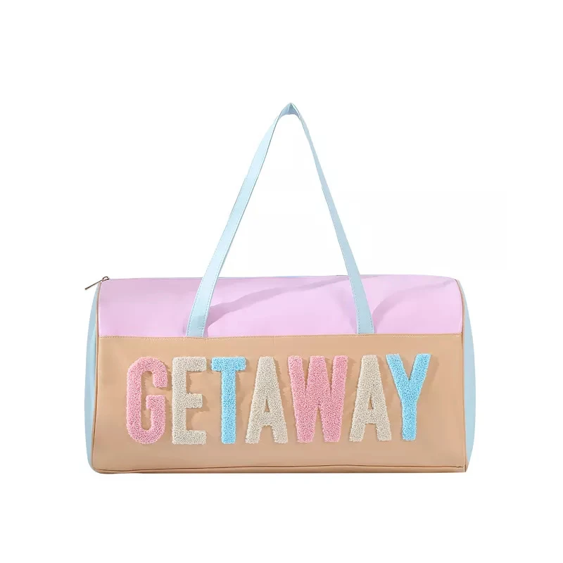 Women Travel Bag With Personalized Chenille Letter Patch PU Handbag Waterproof Travel Gym Sport Duffel Bag Duffle Weekender Bag