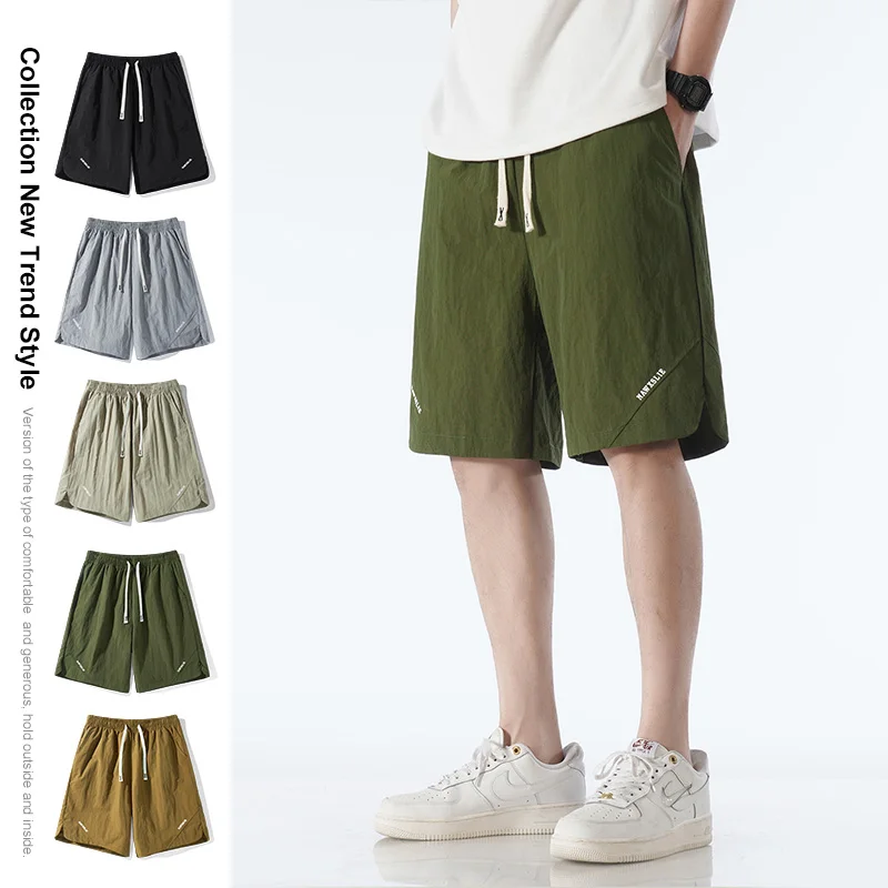 Ice Shreds Trousers Men's 2024 New Summer Solid Color Elastic Drawstring Letter Pockets Fashion Trendy Loose Young Style Shorts