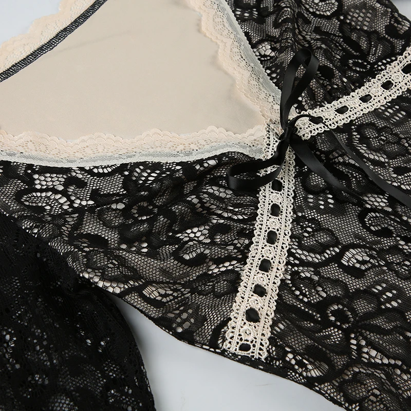 Elegant Lace V-neck Top Vintage Aesthetic Classic Style Long Sleeve Lace-up T-shirt Grunge Chic Sexy Tee Streetwear