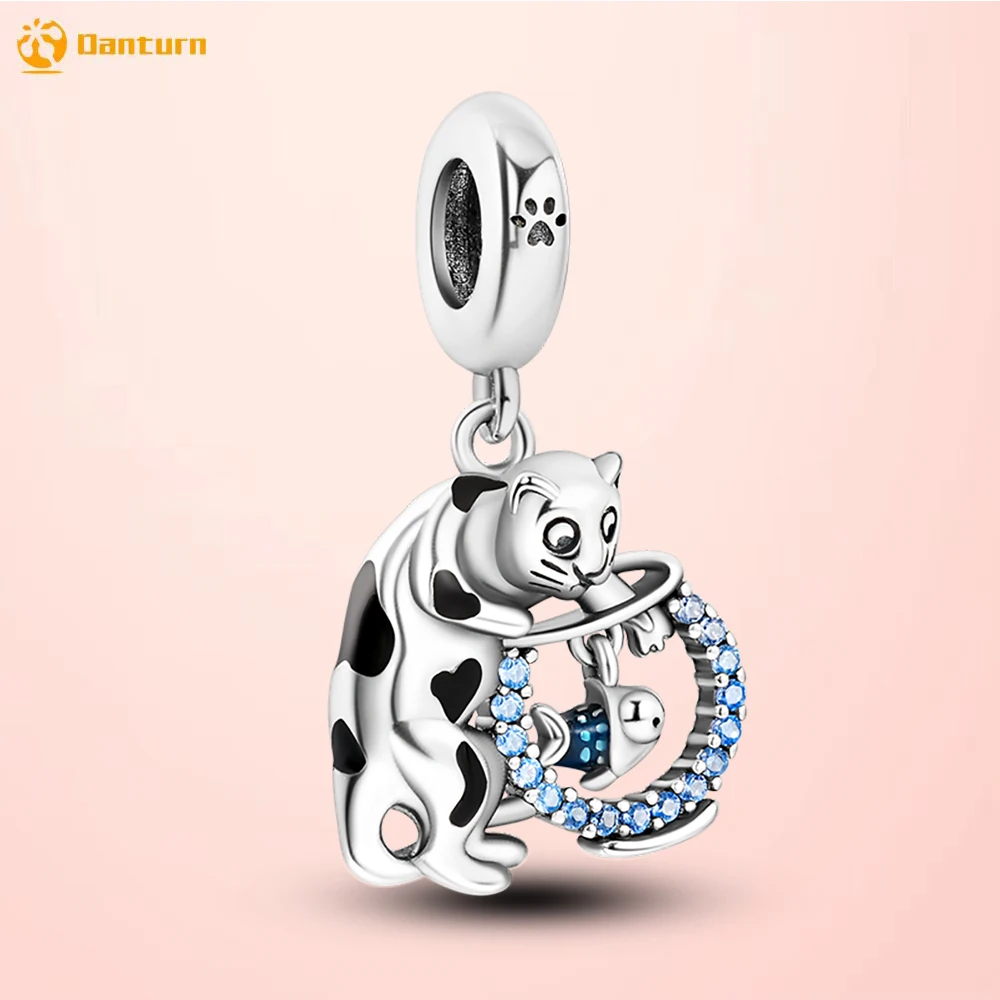 

Danturn 925 Sterling Silver Beads Cats Catch Fish Dangle Charm fit Original Pandora Bracelets for Women Jewelry Making Gift