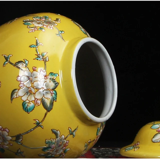 Elegáns Sárga Kerámia Váza Fedéllel Ellátott Pillangó Virág Dekoratív Edény Gyömbér Alakú Porcelán Vázák Fedő - Image 5