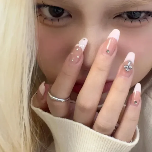 핑크 아크릴 인조 네일, 프레스 온 네일 디자인, 긴 아트 팁, 가짜 형태, 재사용 가능한 접착제 스틱 스티커 포함, 24 개