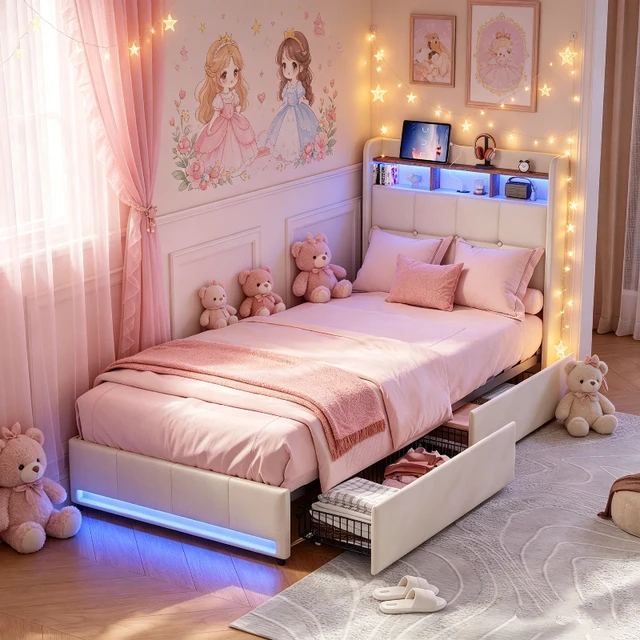 Lit avec bande lumineuse LED 90x200cm, lit double en tissu lin avec tiroirs, 2 ports USB et port de charge Type-C, cadre rembourré (matelas non inclus), gris/beige 1