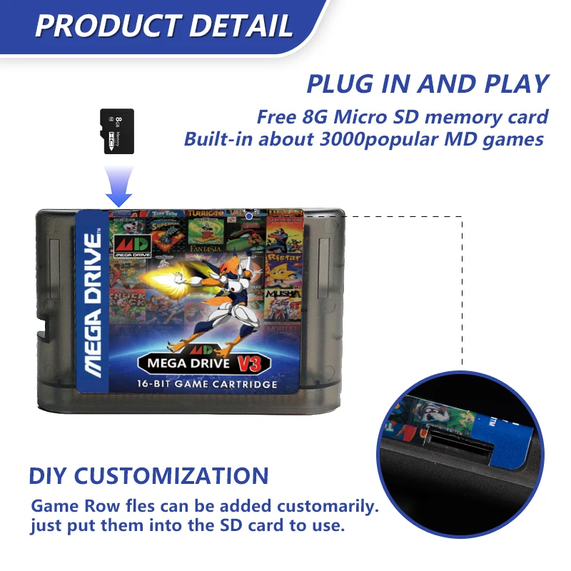 Mega Drive V3.0 Pro 3000 in 1 EDMD Remix MD V3 Game Cartridge for