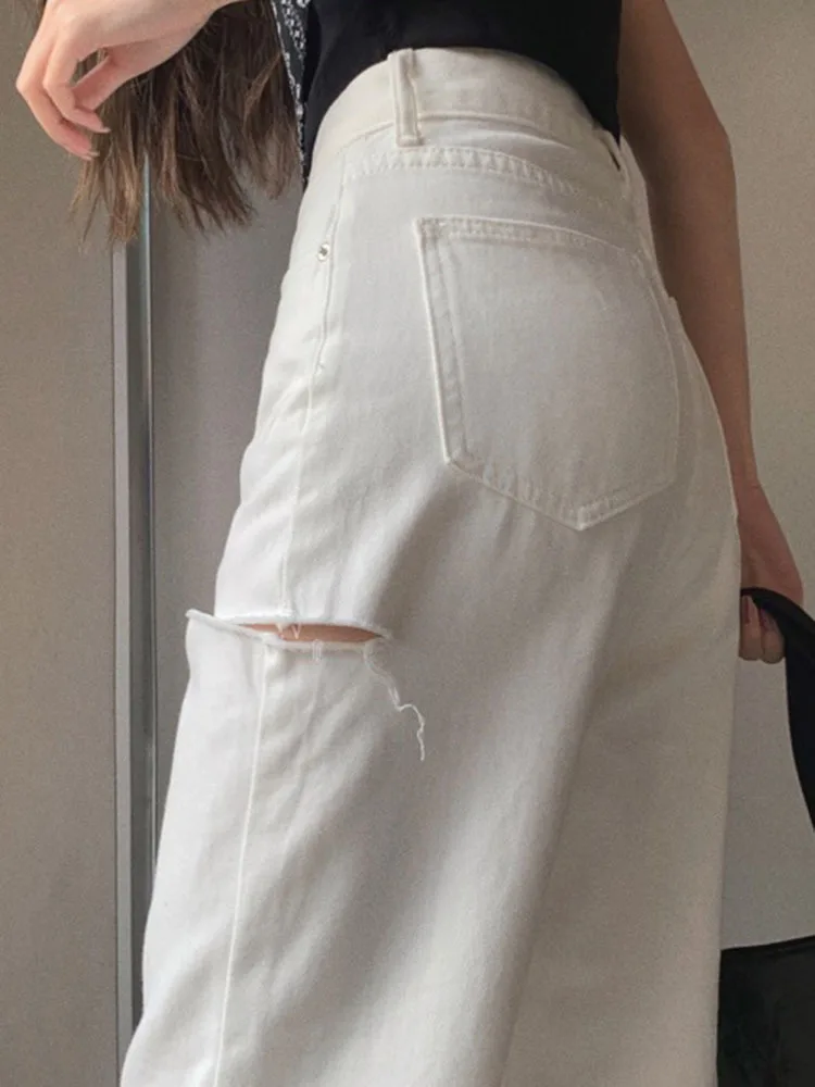 GVUW 2022 Spring Women Jeans New Korean Fashion High Waist Solid Color Loose Straight Wide Leg Hole Denim Pants Female 20A760 bootcut jeans