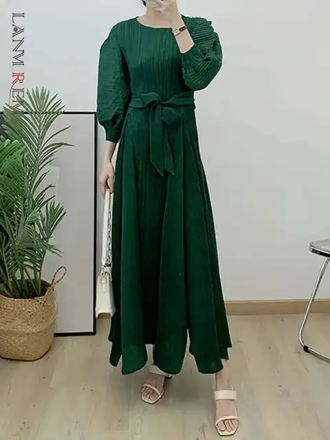 LANMREM Maxi Dress For Women Lantern Long Sleeves High Waist Belt Pleated Dresses Female Party Clothing 2024 Spring New 32A305
