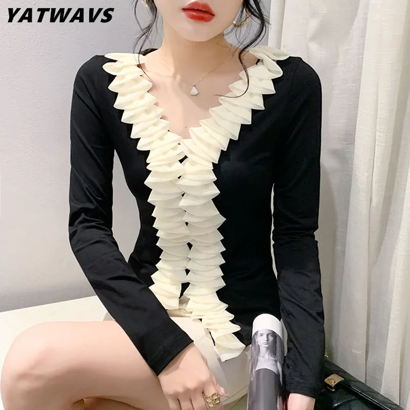 

Женская хлопковая Футболка с V-образным вырезом, длинным рукавом и оборками