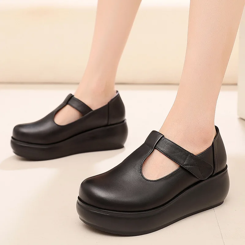 

T-belt Black Platform Women Shoes Round Toe Pu Leather Shoes Wedges Heel Ladies Heels