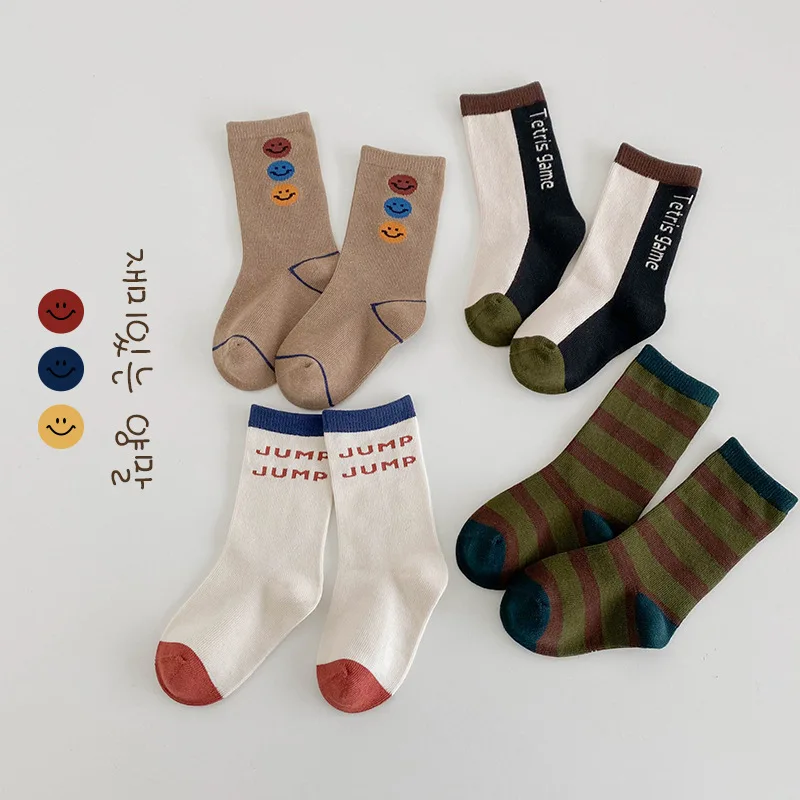 Children 4 Pairs Socks Autumn Letter Sport Cotton Socks Non-slip Kids Boys  Girls Calf Socks