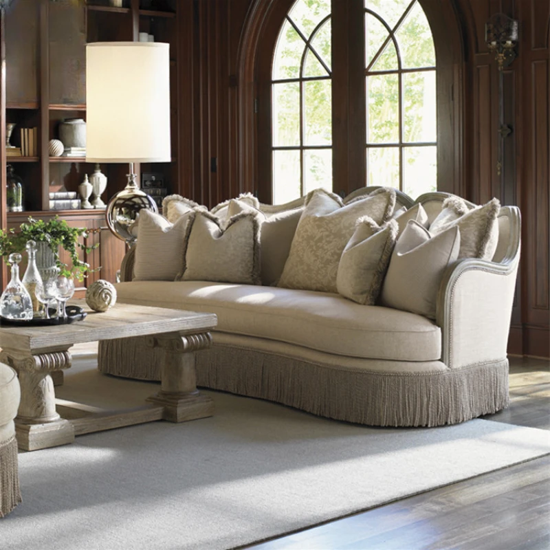 

American country all-wood sofa combination living room fabric double three-person solid wood sofa retro old furniture