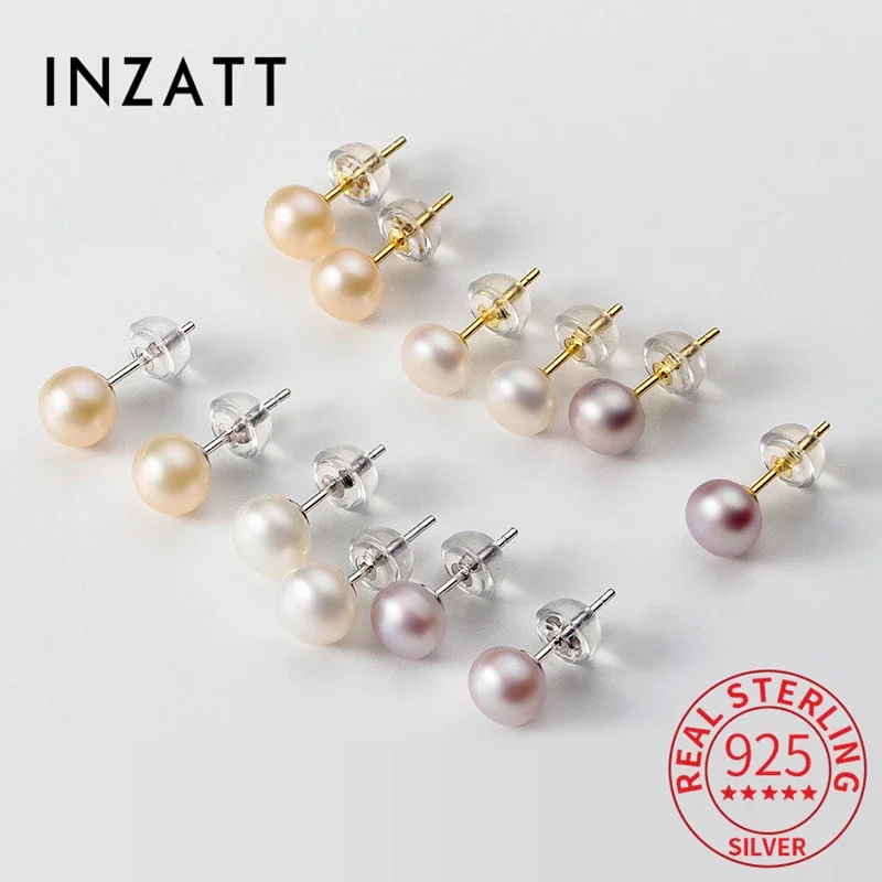 INZATT Real 925 Sterling Silver Round Pearl Stud Earring For Fashion Women Classic Fine Jewelry Minimalist Accessories Gift