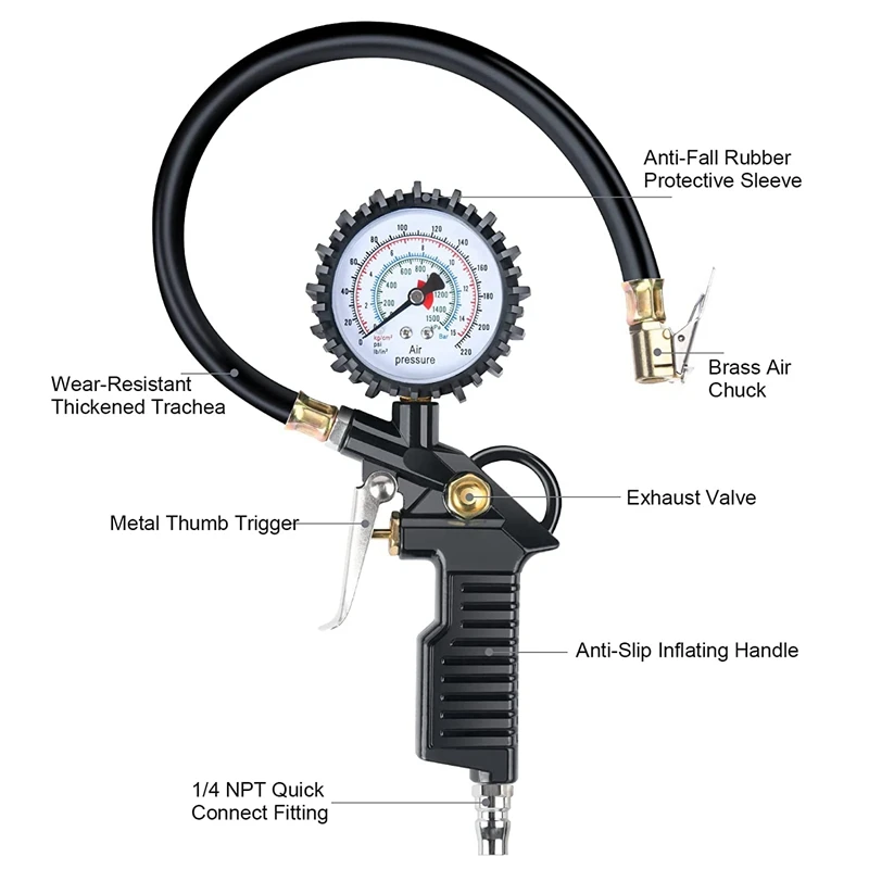 Car Tire Pressure Gauge 220 PSI Tire Inflator With Valve Core Tool Air Compressor For Car Motorcycle Bicycle Truck