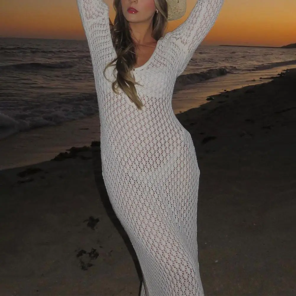 

Long Sleeve Knit Dress See-through Long Dress Chic V-neck Knit Dresses for Women Slim-fit Backless See-through for Elegant
