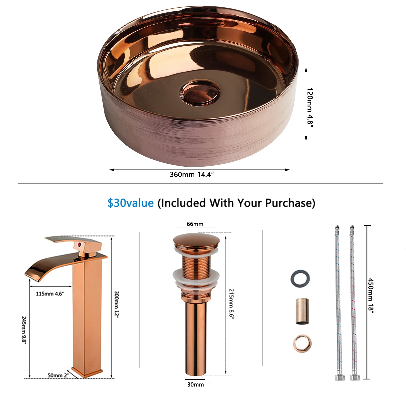 ZAPPO Bathroom Vessel Sink Faucet and Drain Combo14 Inch Bowl Sink Rose Gold Vessel Sink Round Ceramic Sink for Bathroom Counter 5