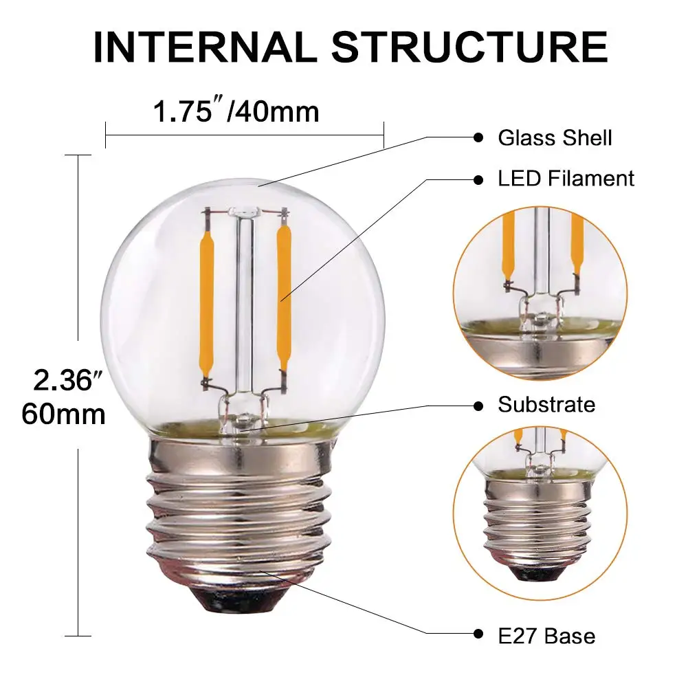 빈티지 조광 가능 E27 글로브 LED 전구, 소형 에디슨 전구, Bombilla 저전압 DC12V, 24V, 1W, 10W 동일, G40, 1W, 220V, 15 개