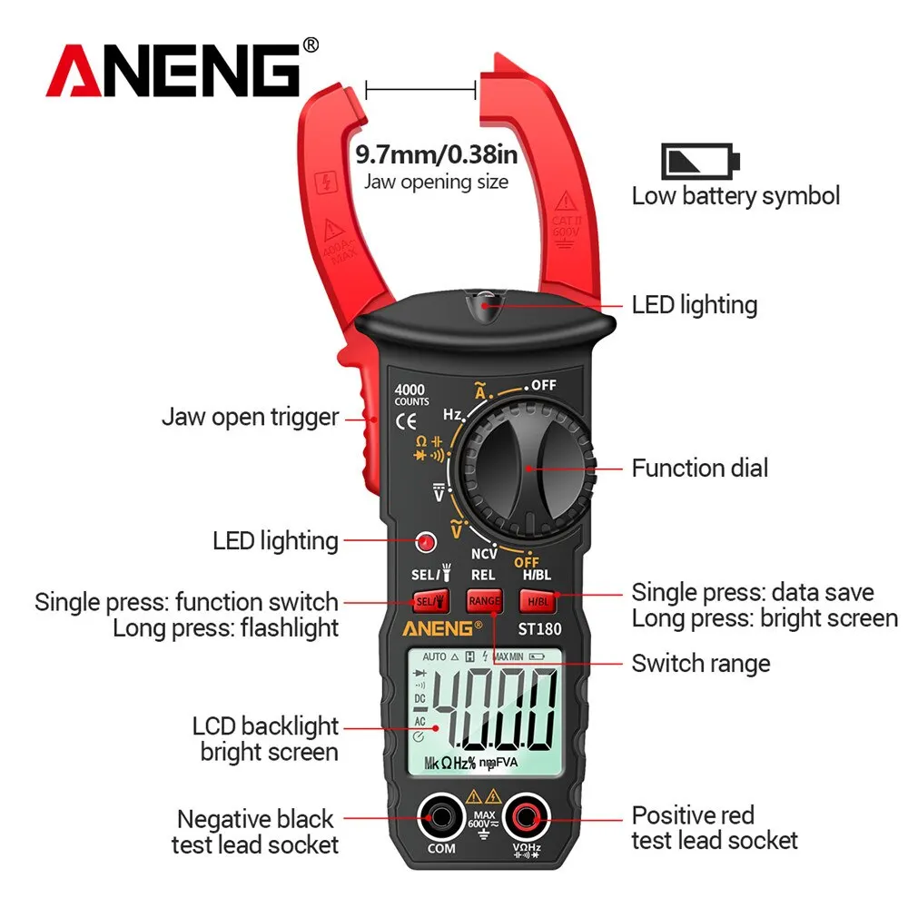 ANENG ST180 Smart Clamp Multimeter 600V Meter AC/DC Voltage Tester Ammeter Pliers Test Voltmeter Capacitance Ohm Current Tools digital multimeter