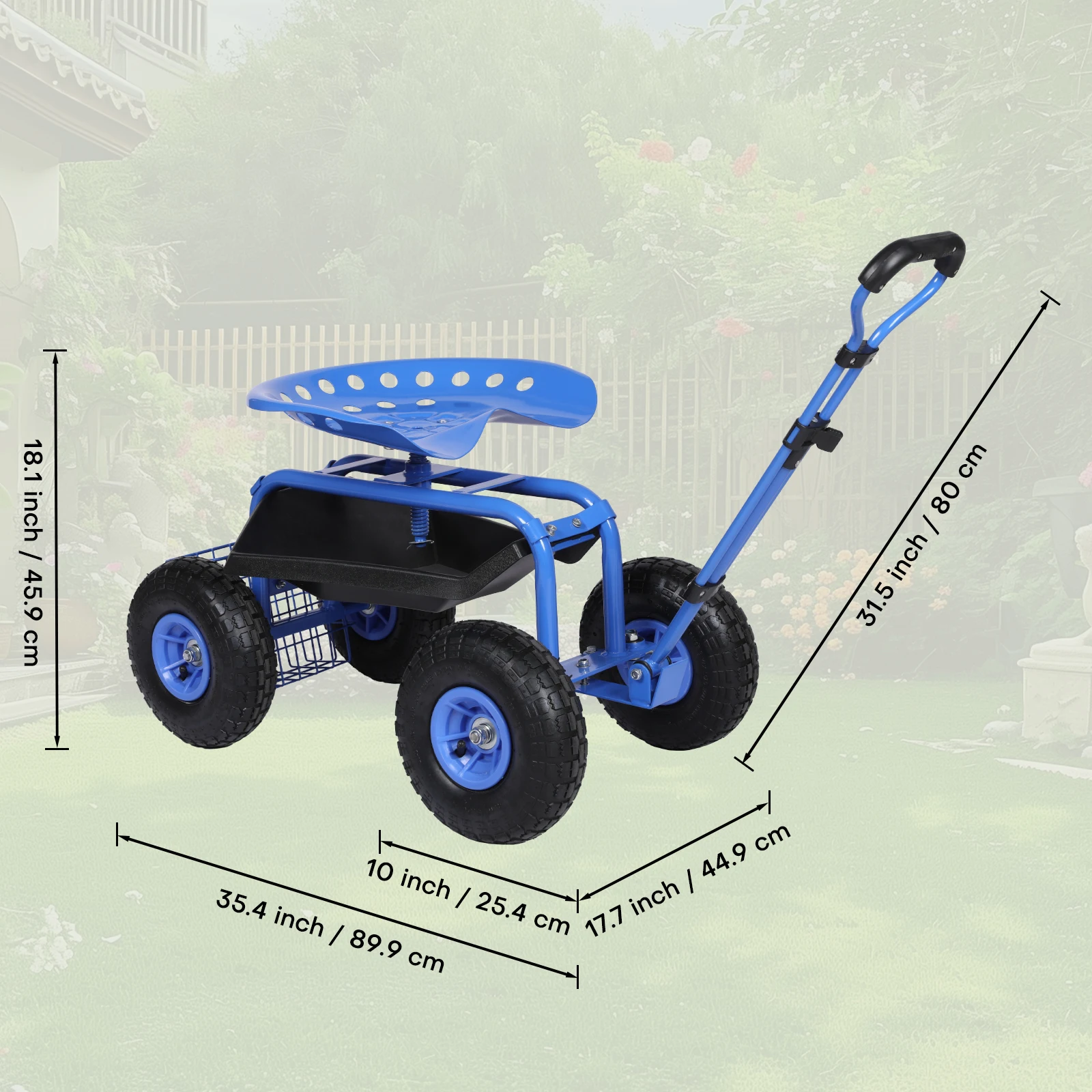 Roomark Rolling Garden Work Seat Wheels Garden Planting Stool 360&deg; Swivel Seat Scooter Steering Handle Tool Tray
