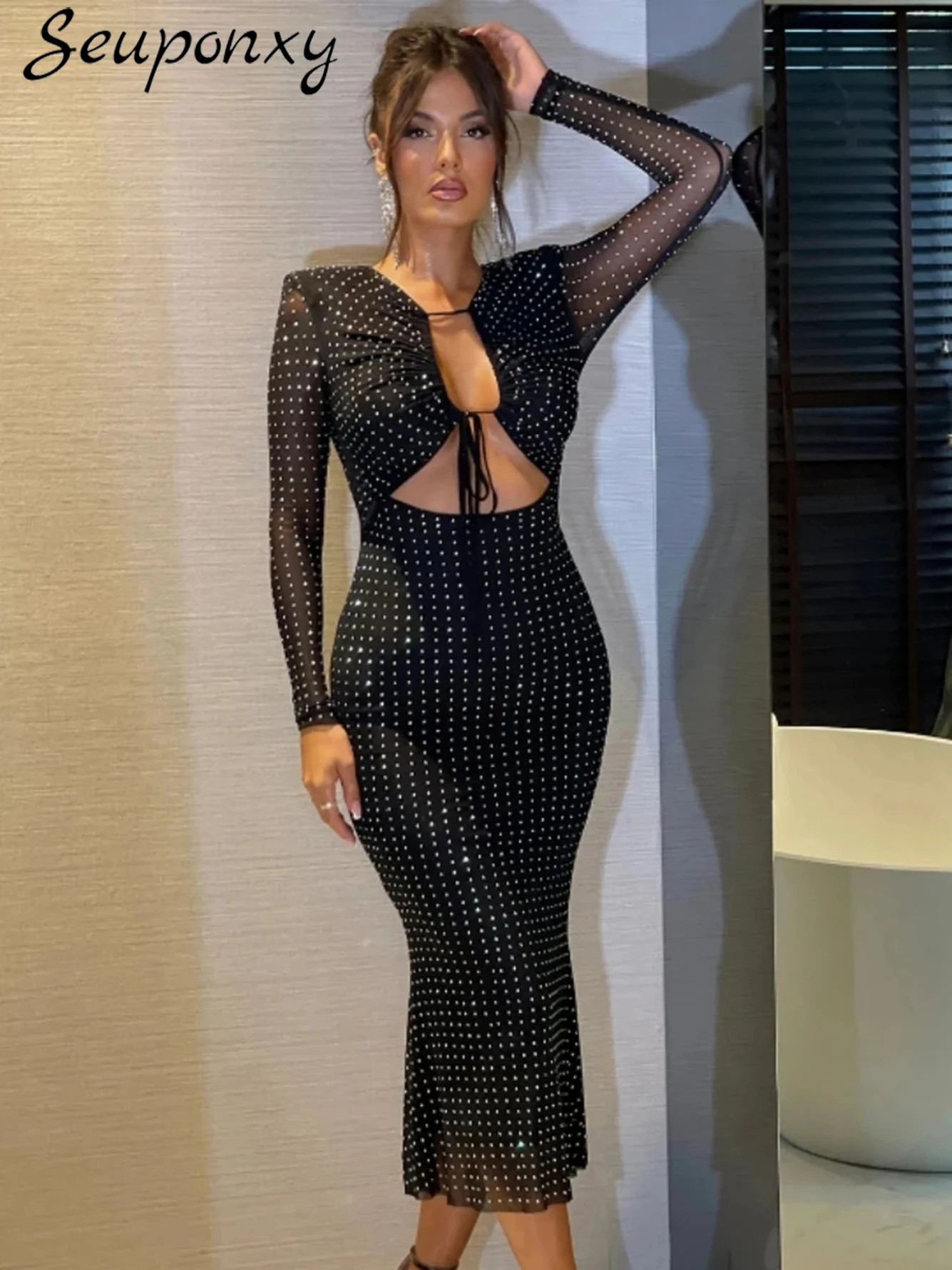 

High Quality Women'S Sexy O-Neck Mesh Perspective Lace Up Long Sleeved Diamond Black Dress With Pressure On Evening Party Dress