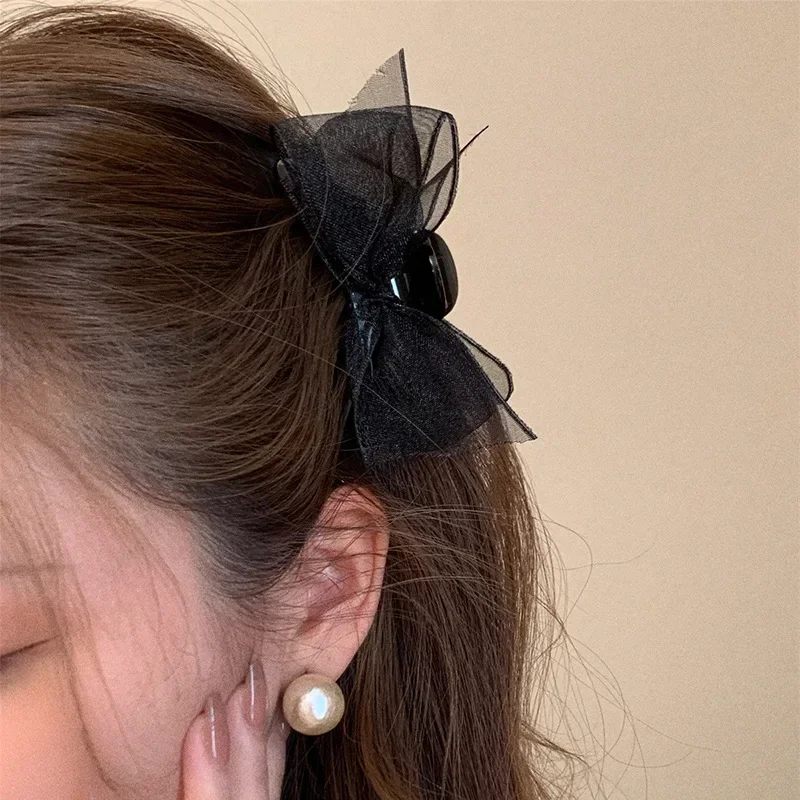 Morsetto per artigli per capelli con fiocco in rete di pizzo Donna Ragazza Dolce Bowknot Capelli afferra Morsetto Frangia coreana Forcine Accessori per copricapo Bianco Nero - immagine 6