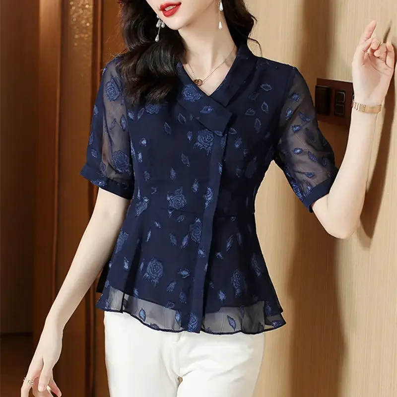 1pcs Women's Blouses tops 2024 Summer Chiffon Prints Splicing Short Sleeve Ruffles Primer Shirt Ladies Skinny Retro Sexy Shirts