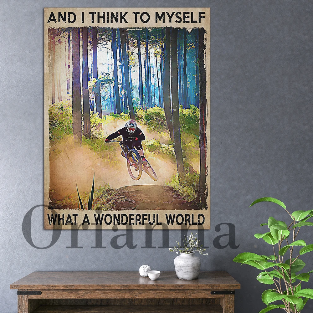 

Mountain Biker And I Think To Myself What A Wonderful World Canvas Poster, Mountain Biking Wall Art, Retro MTB Wall Decor Print