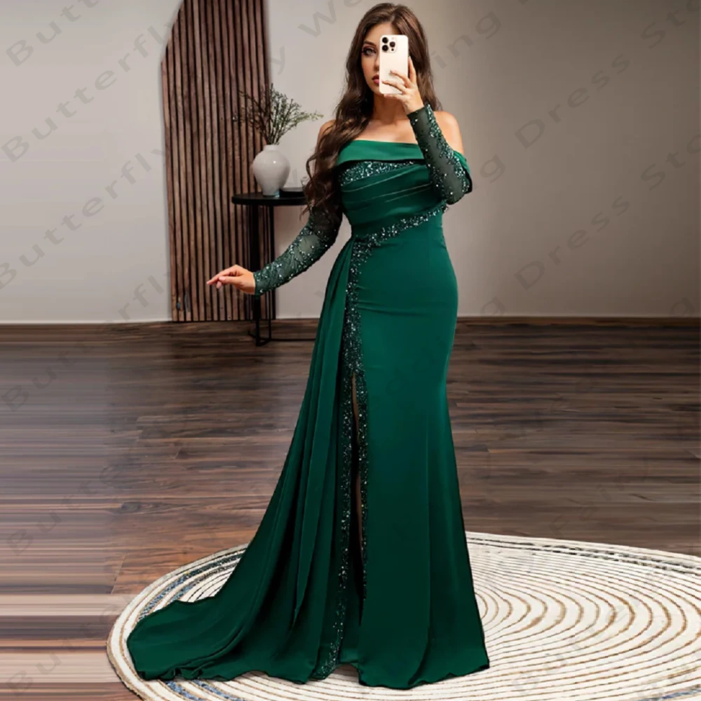 

Fashion Long Evening Dresses Sexy Backless Gorgeous Satin Elegant Off Shoulder Long Sleeves Simple Mopping Party Prom Gowns 2024