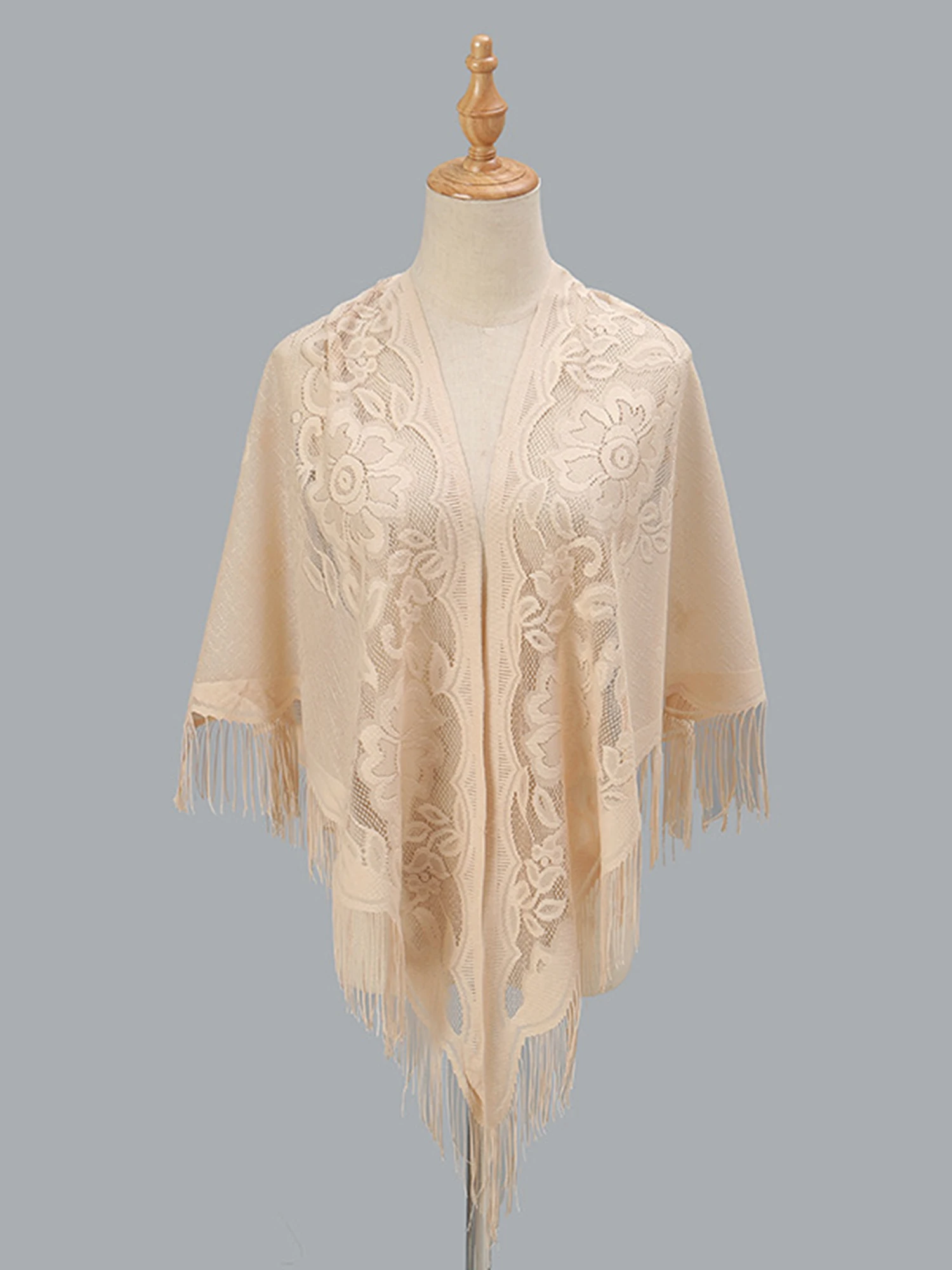 

Womens Floral Lace Chiffon Cardigan Hollow Out Tassel Shawl Outdoor Vacation Beach Cover Ups Fringe Triangular Scarf Wraps