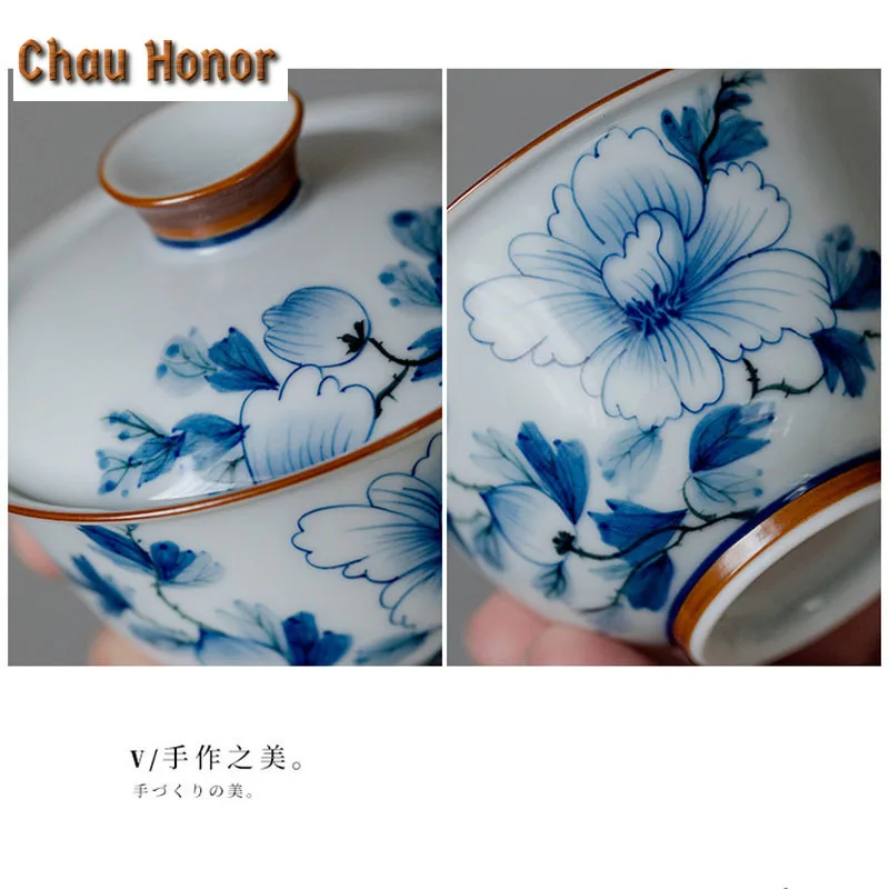 85ml Boutique Pure Hand-painted Blue Camellia Art Ceramic Tea Tureen Covered Bowl Tea Maker Gaiwan Kung Fu Bowl With Cover