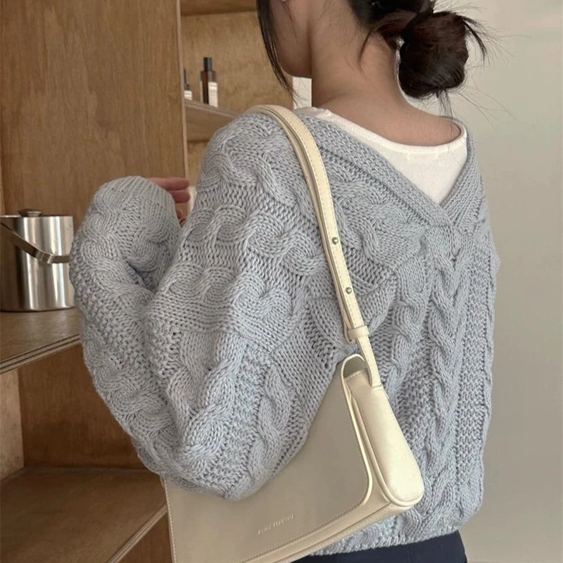 Korean Style Autumn Women Long Sleeve Knitted Top Elegant Casual Solid Color Cardigan Sweater Winter Short Knitwear 2025 Fall
