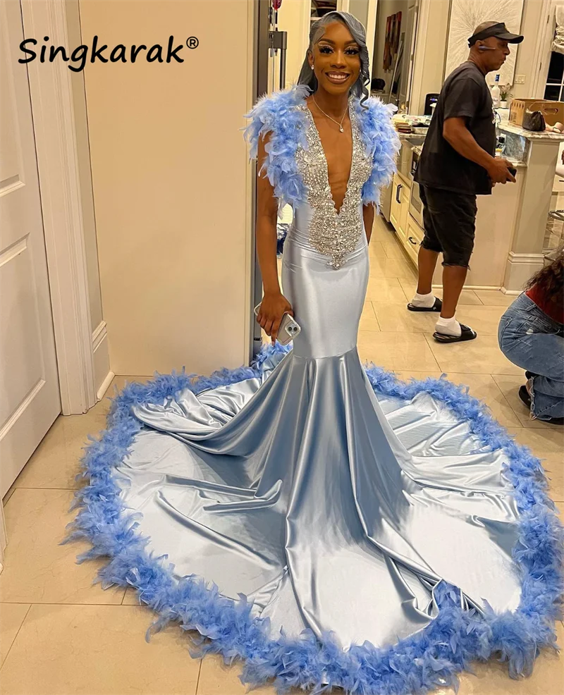 

Sparkly Blue Long Prom Dress 2024 For Black Girls Beads Crystals Rhinestones Feathers Glitter Birthday Party Robe Vestidos