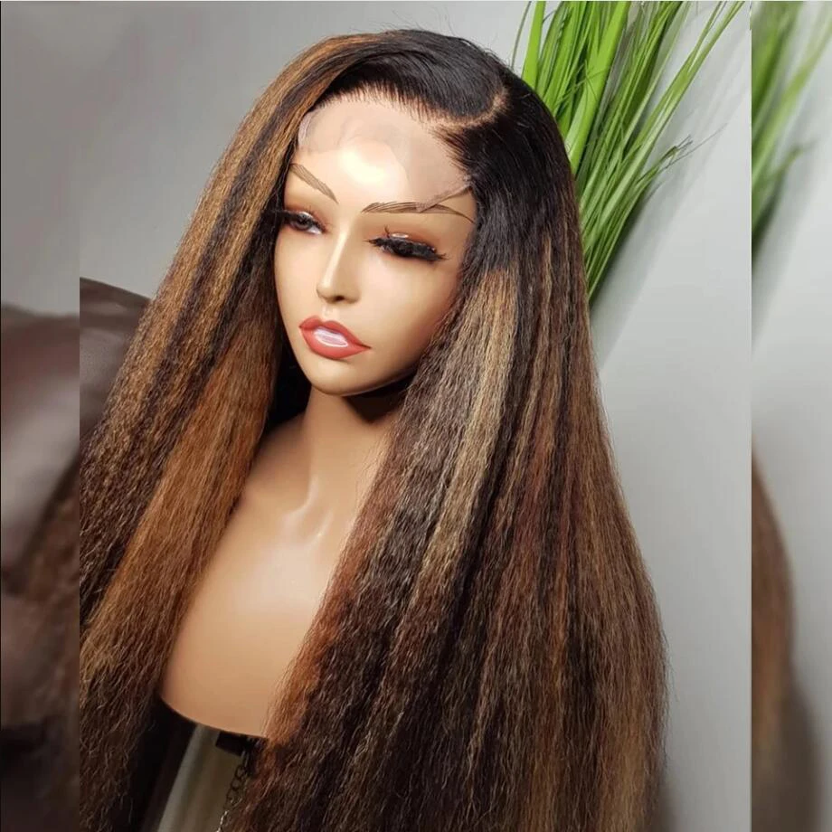 

Soft Glueless Yaki Highlight Brown Blonde 30Inch Long Kinky Straight Lace Front Wig For Black Women With Baby Hair Preplucked