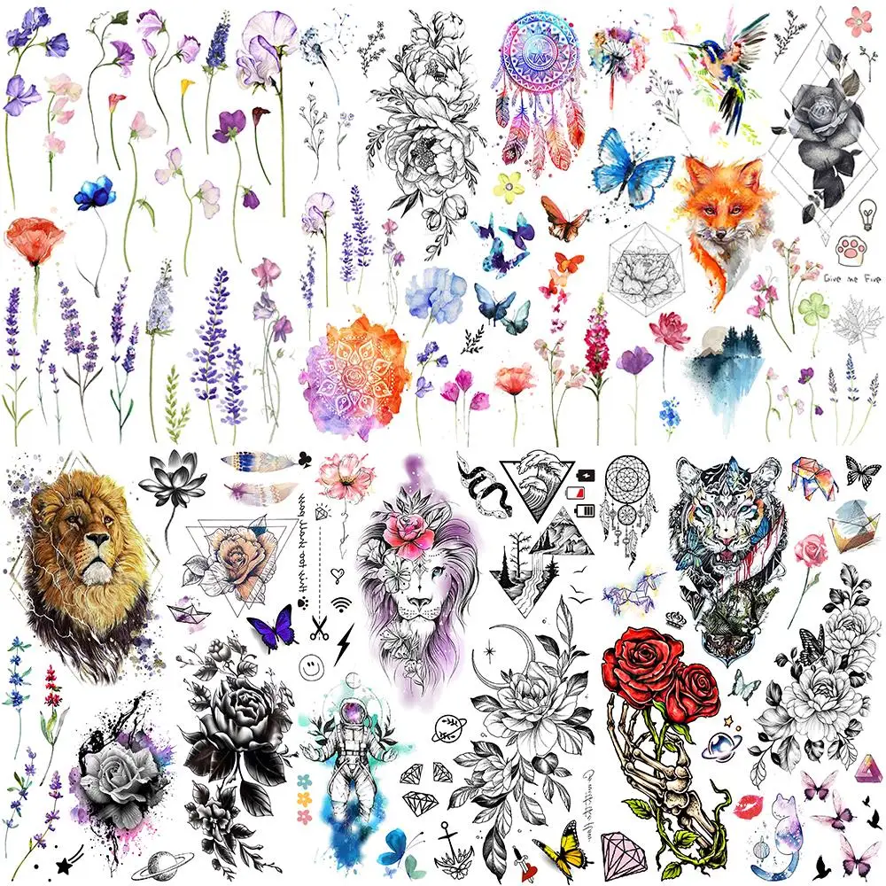 

Watercolor Lavender Animal Temporary Tattoos For Women Men Realistic Lion Tiger Flower Fake Tattoo Sticker Foot Waterproof Tatoo