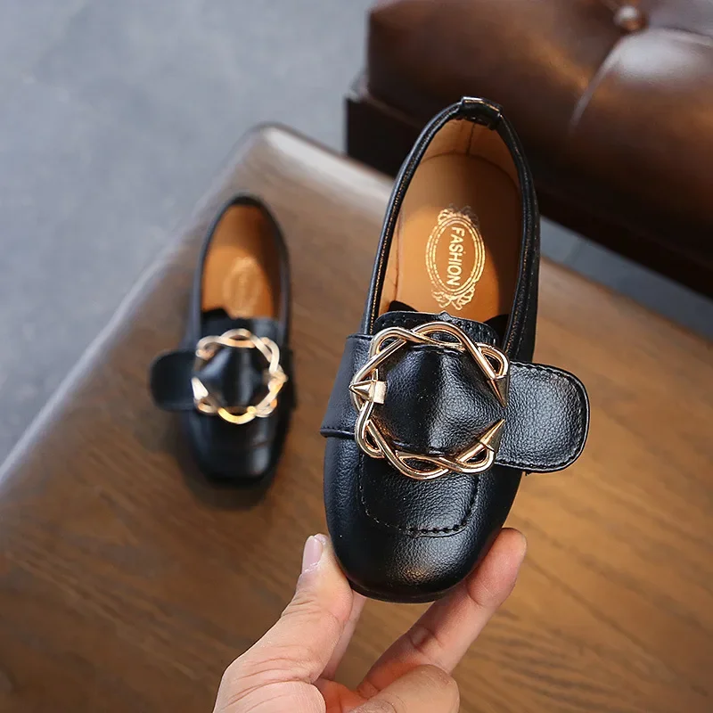 Spring Autumn Children's Leather Shoes Metal Buckle Girls Single Shoes Flat Heel Fashion Casual Shoe Soft Sole Kids