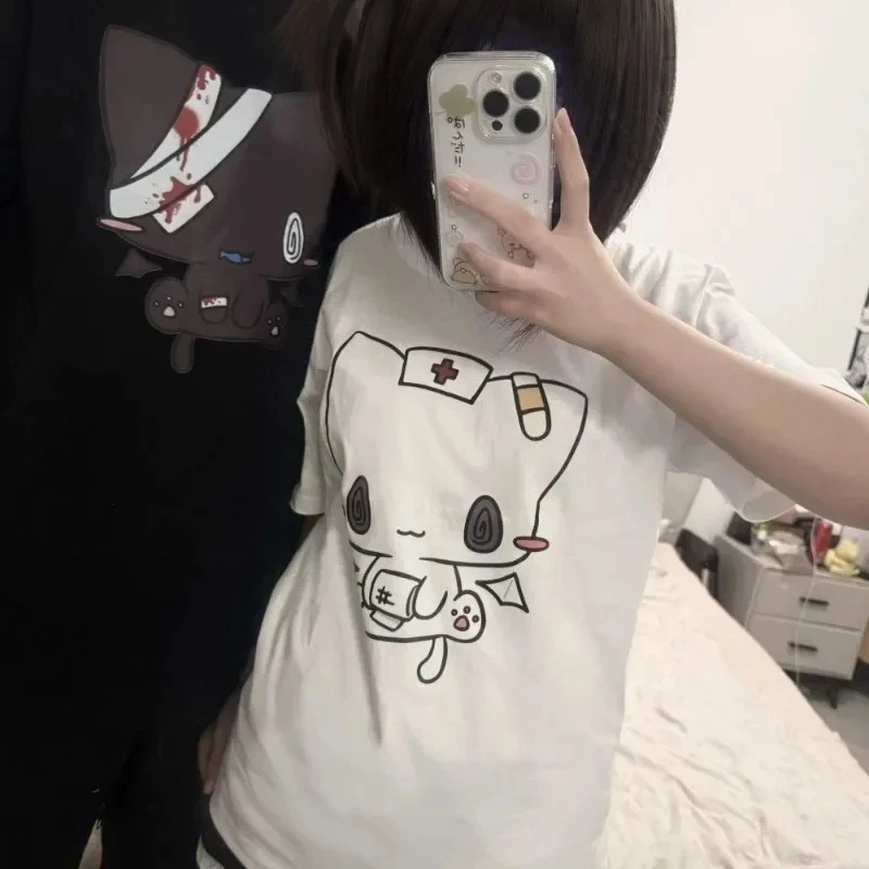 Women T Shirts Cartoon Printed Funny Couple Sweet Short Sleeve O Neck Loose Y2k Harajuku Tops Female Casual Tshirt Streetwear - 3