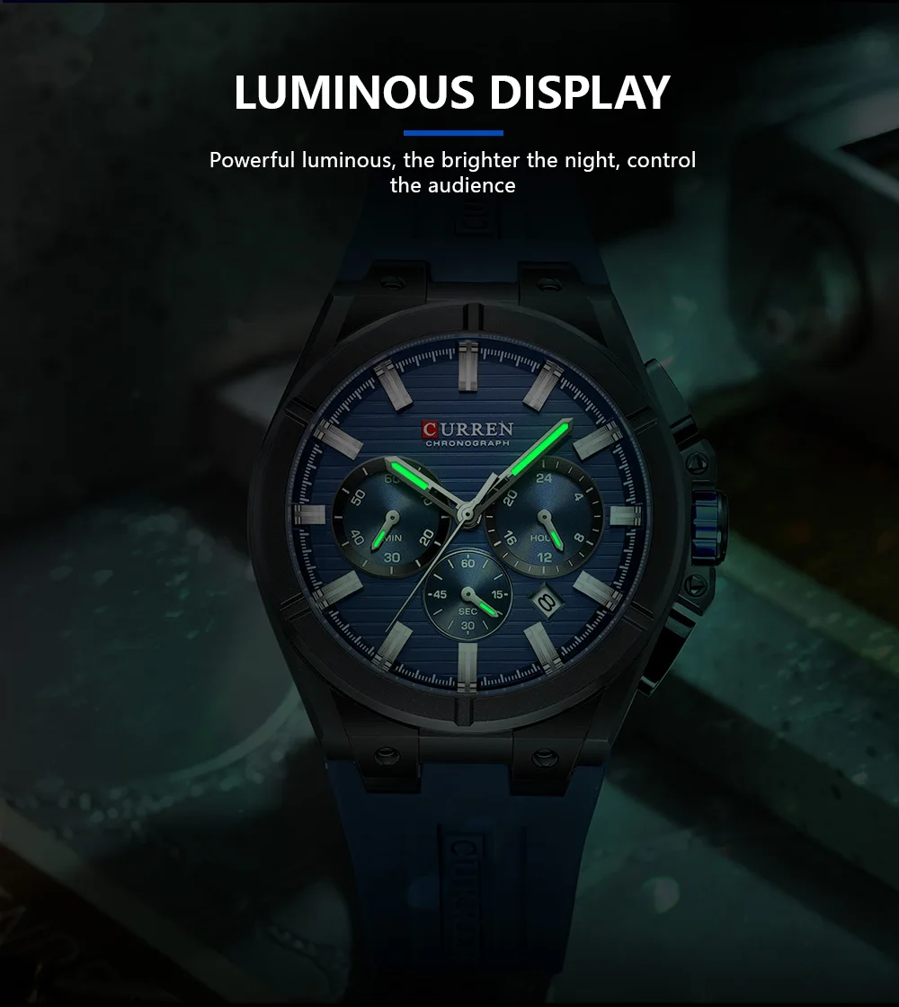 CURREN Moder Design 43mm Watch for Men with 3 Sub-Dials Quartz Movement Casaul Silicone Strap Wristwatch Luminous Hands and Date