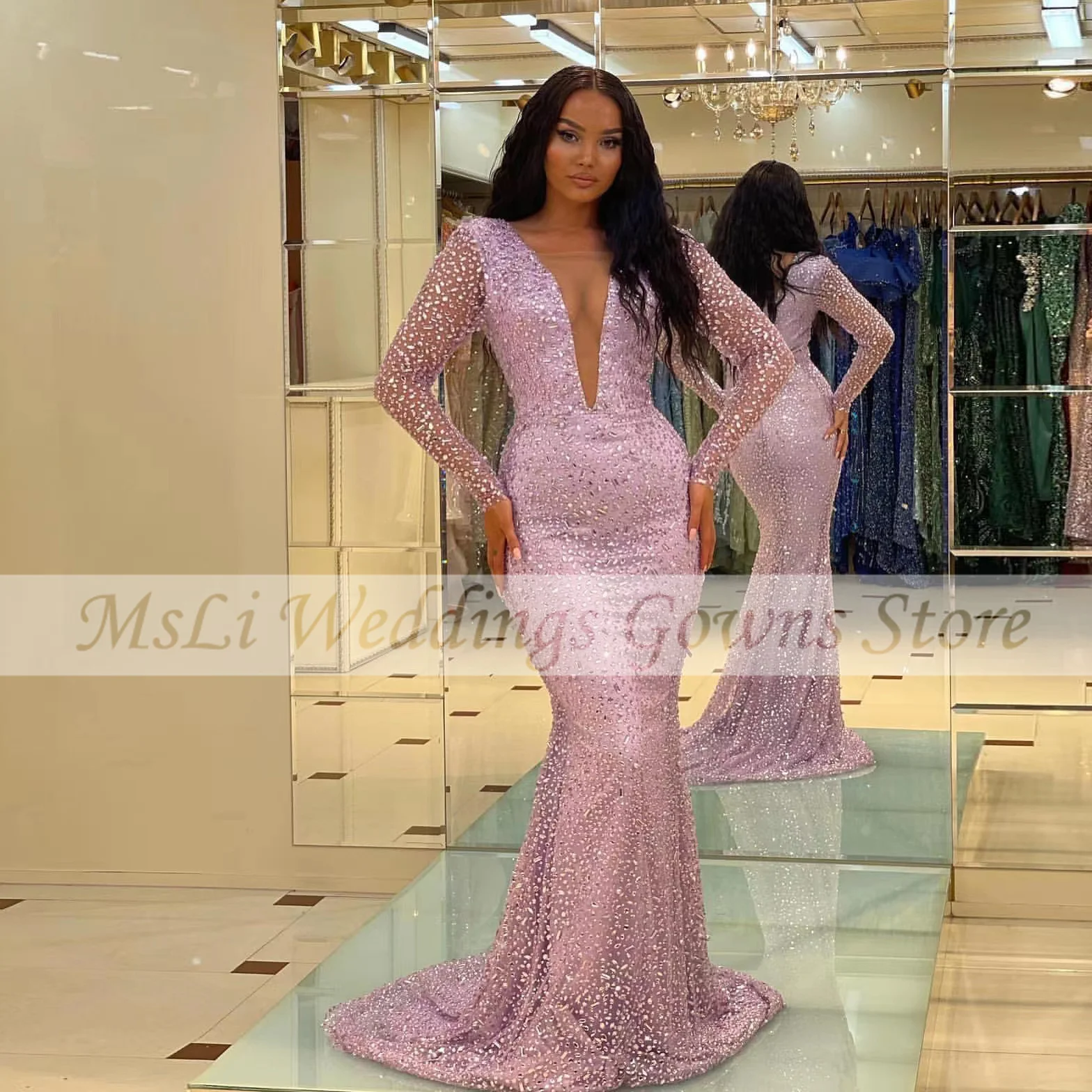 

Arabischer Naher Osten Sparkly Pink Mermaid Prom Dresses Beads V Neck Dubai Evening Party Sexy Gowns robe de soirée