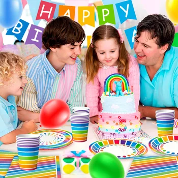 Rainbow Party Supplies,94pcs Party Decorations&Tableware Set-Rainbow Party Plates Napkins Cups & Rainbow Balloons Banner etc 2