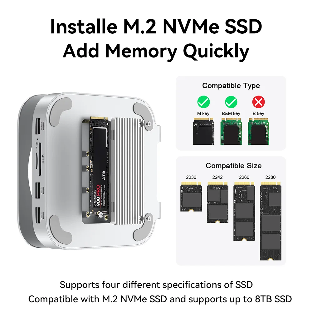 Mac mini USB C Hub with M.2 SSD Enclosure for Mac Mini M4/M4 Pro Stand Type-C Docking Station SSD Case USB3.2 Gen2 SD4.0 TF4.0 5
