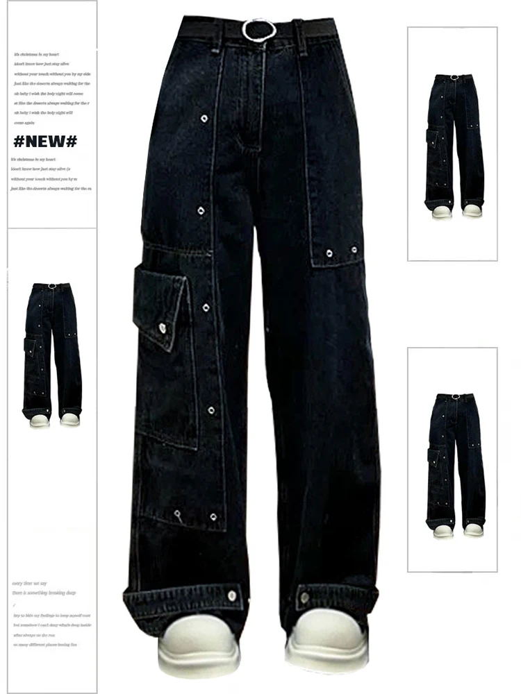 

Women Black Goth Cargo Jeans Vintage Cowboy Pants Aesthetic Harajuku Baggy Emo Denim Trousers Y2k Oversize Trashy 2000s Clothes