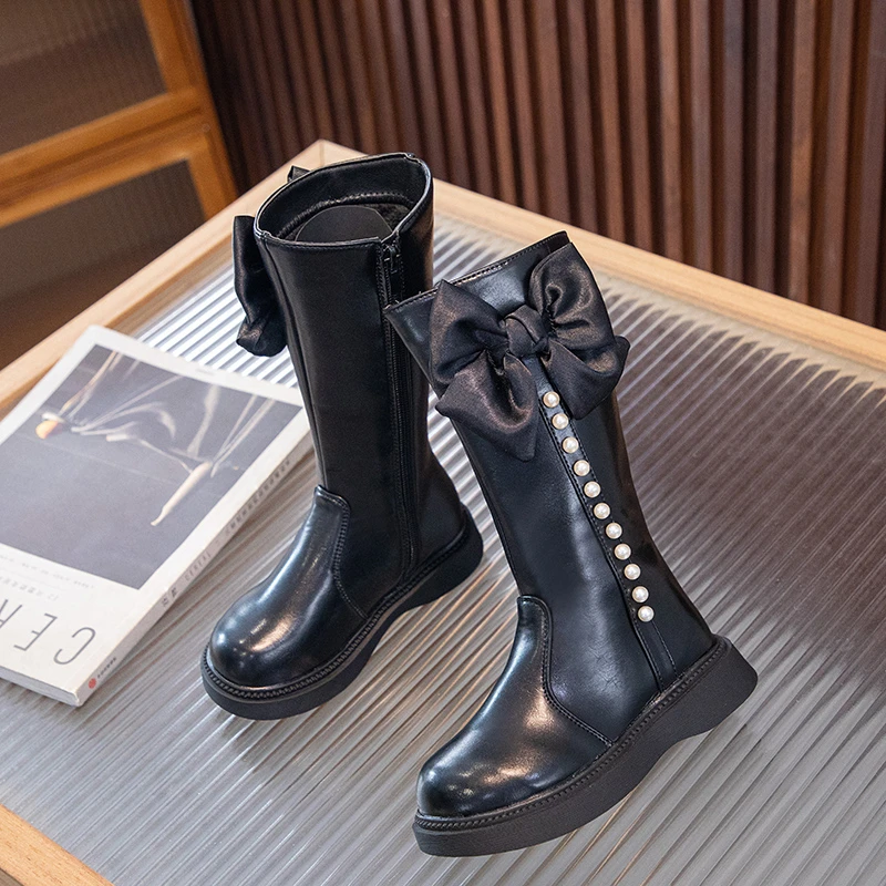 Girls Long Boots with Bow-knot Sweet Children School Performance Leather Boots Fashion Kids Catwalk Princess Boots Winter New