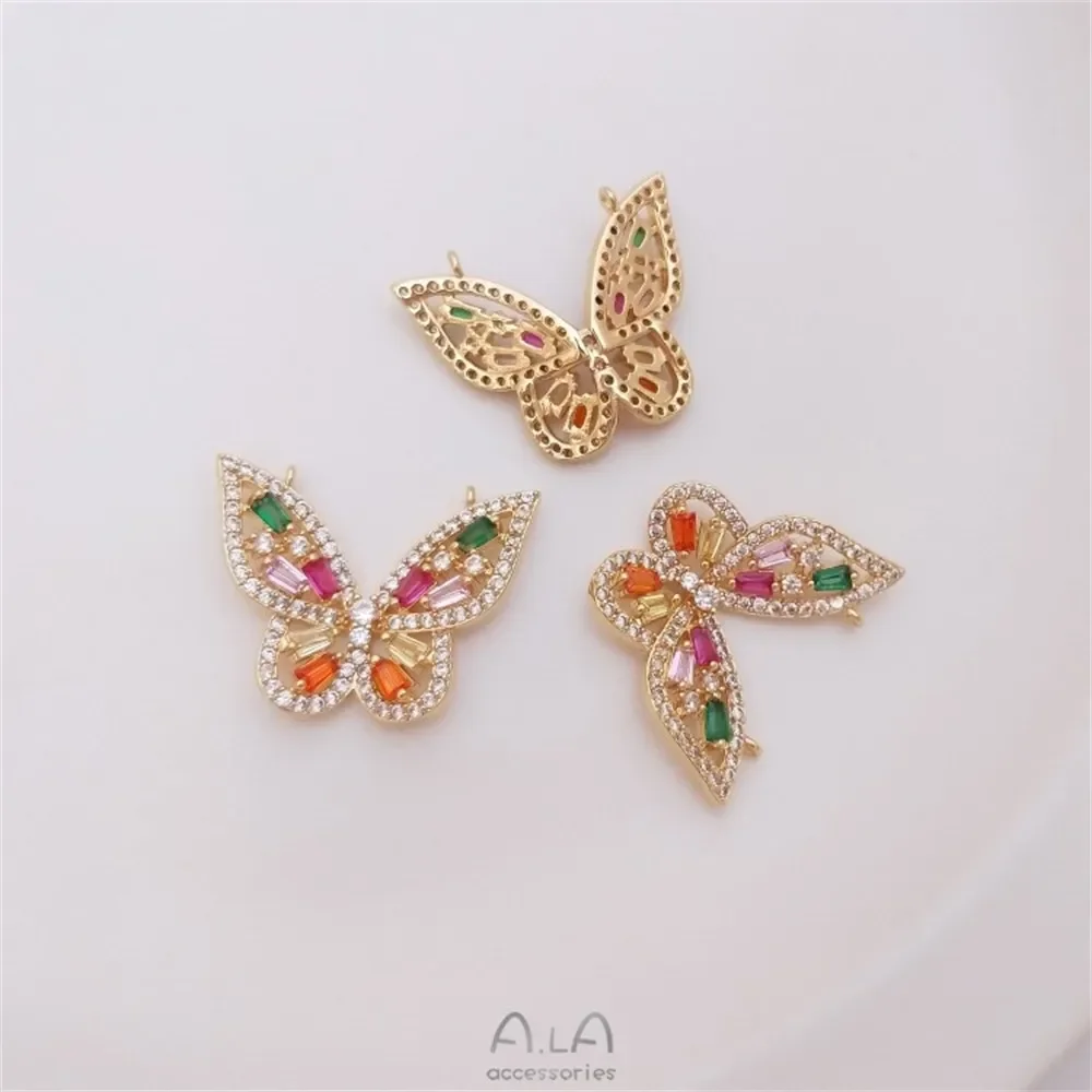 14K  골드 마이크로 상감 컬러 지르코늄 나비 펜던트 목걸이, 이중 걸이식 DIY 수제 팔찌 액세서리