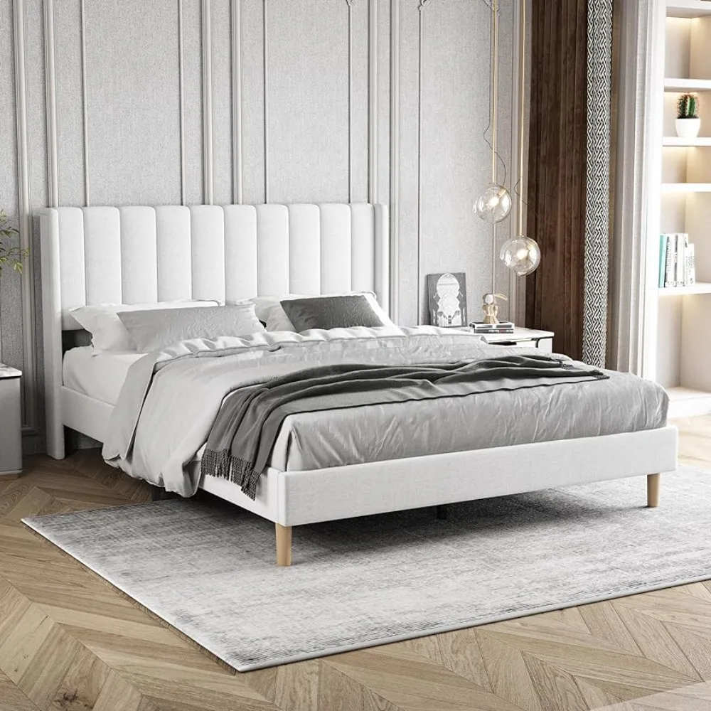 

Upholstered Platform Bed Frame Queen Size with Head Board Strong Wooden Slats Support No Box Spring Needed Easy Assembly