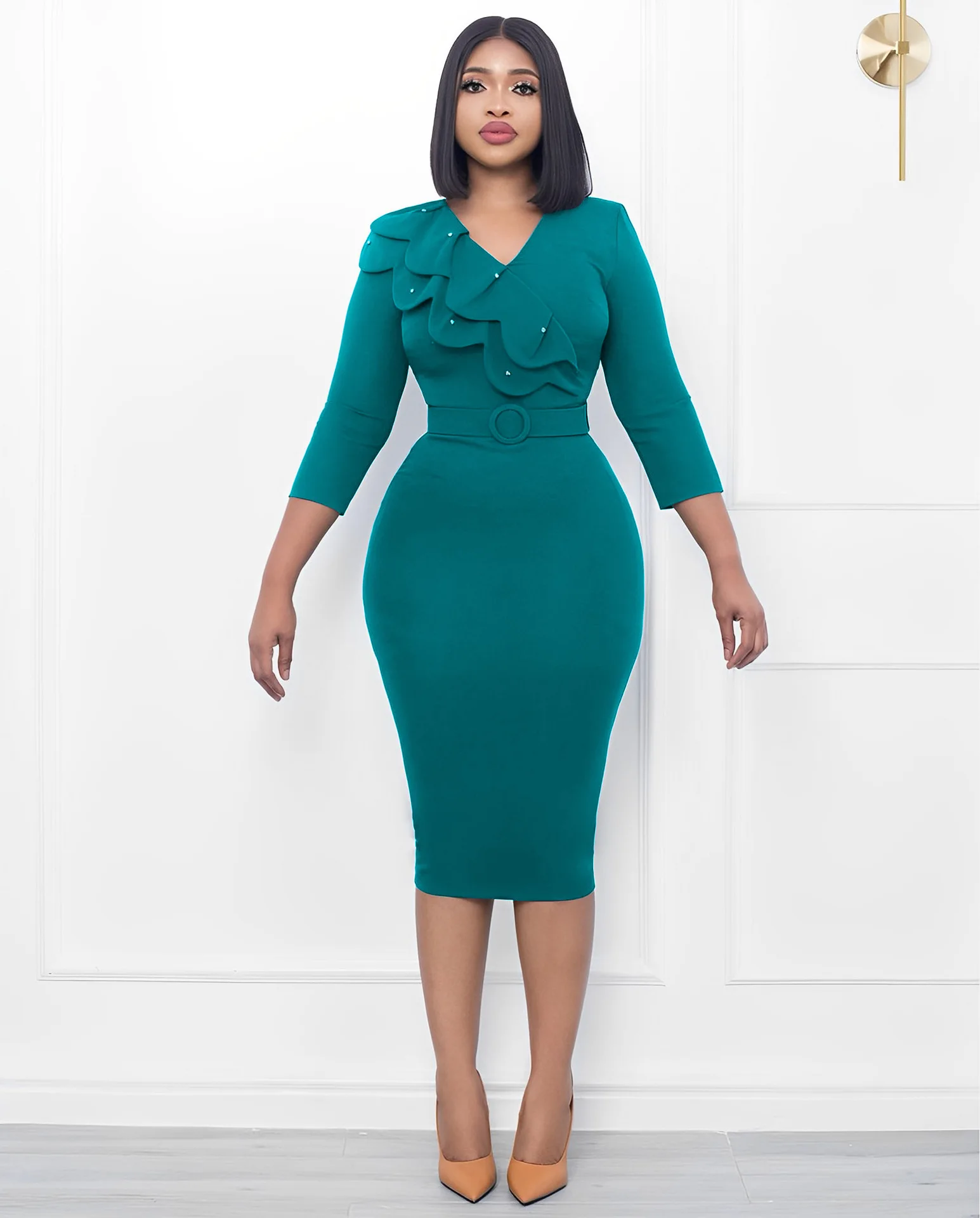 Autumn And Winter Fashion Dress Women's Solid V-Neck Long Sleeve Pencil Dress Elegant Commuter Fitted Dress