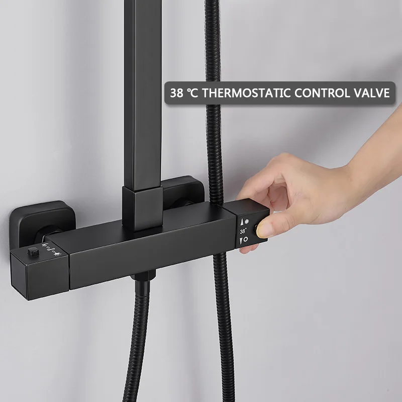 ROVATE Matte Black Thermostatic Shower System Wall Mounted Dual Function Bathroom Constant Temperature Faucet Combo Set shower set