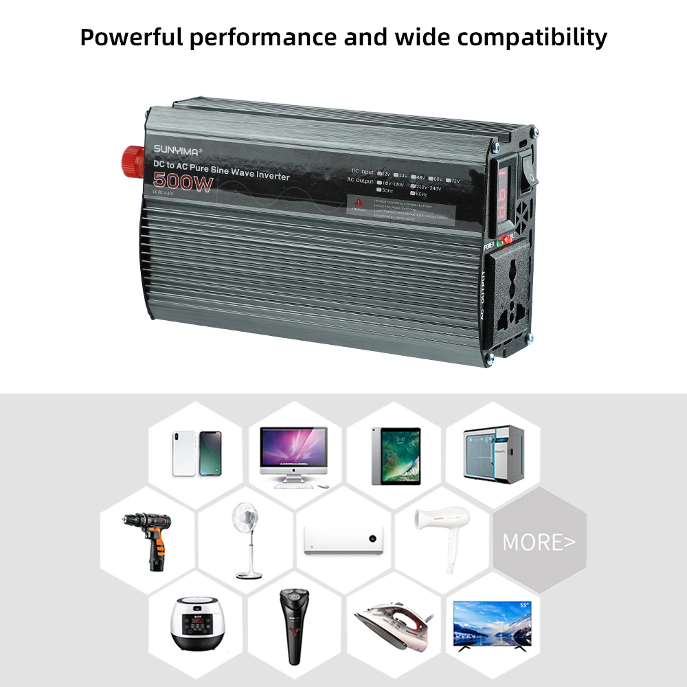1pcs SUNYIMA 50HZ 12V 24V to 220V Rated 500W Pure Sine Wave Inverter Protection Function Temperature Controlled Inverter
