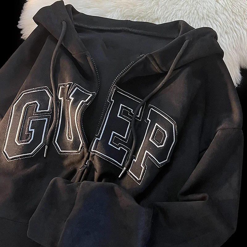 

Women Y2k Streetwear Embroidery Letter Hoodie Zip Up Hoodies Grunge Oversized Sweatshirt Gothic Harajuku Alt Jackets Clothes