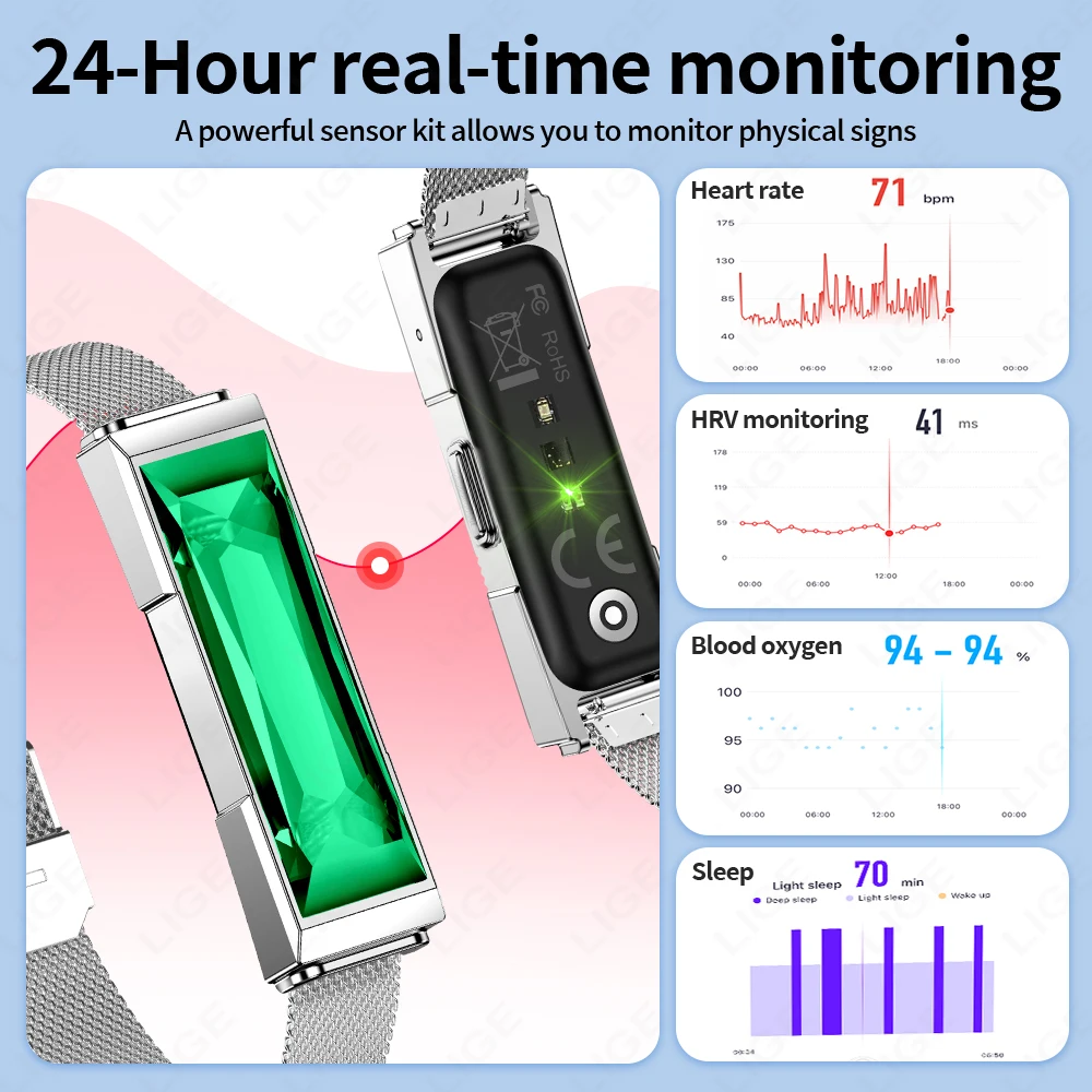 LIGE Fashion Rhinestone Smart Bracelet Health Tracker Sleep Heart Rate Monitor Sport Band 1ATM Waterproof Smart Watch For Women